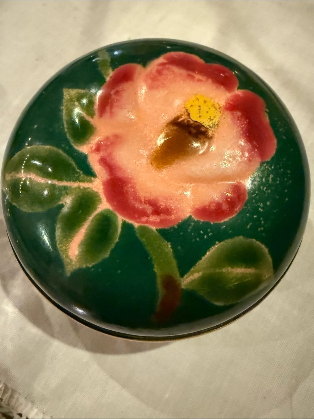 Vintage Mid Century Champleve Enamel Brass Trinket Box - Velvet Lined